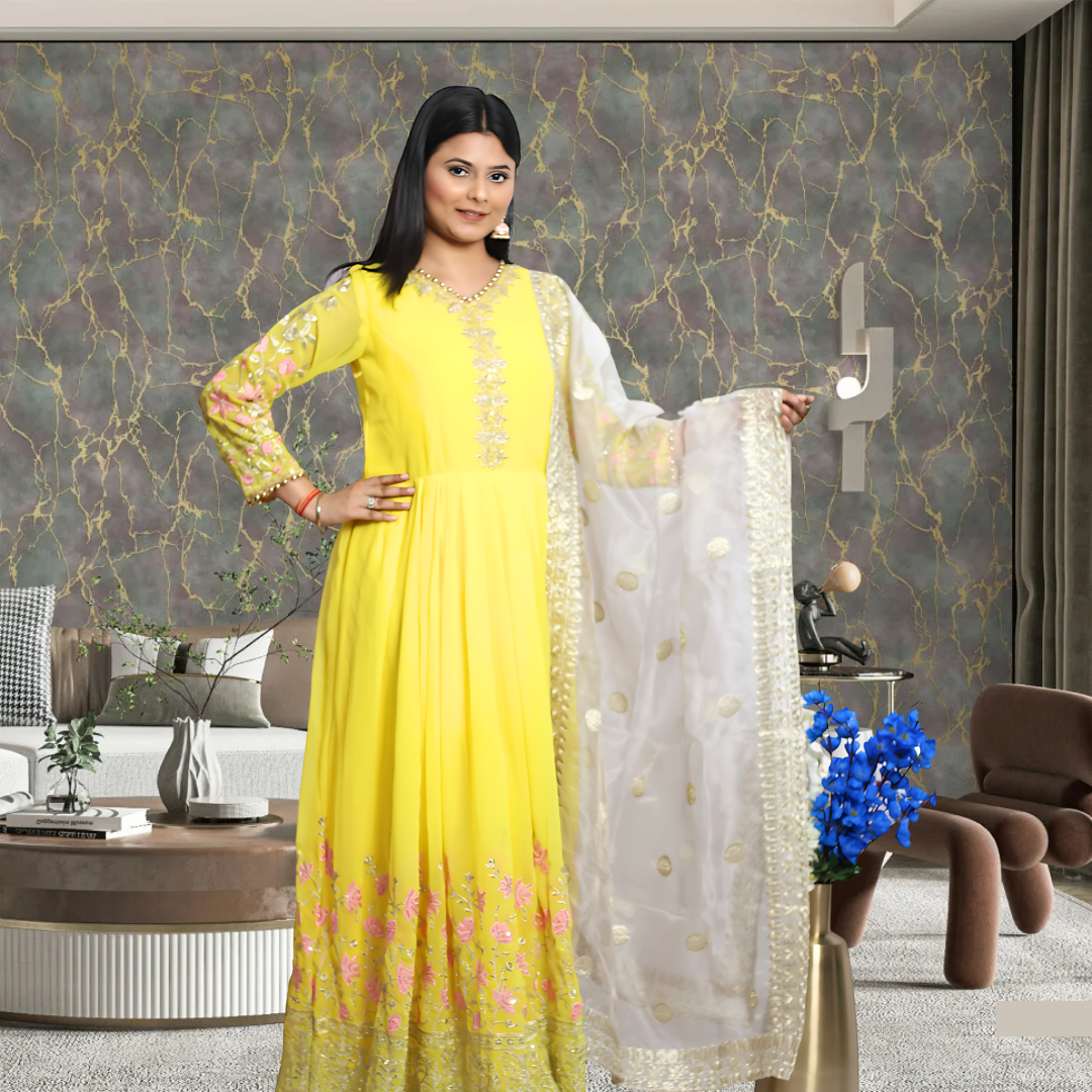 Anarkali Yellow Color Gown With Dupatta