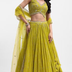 Lime Green Embroidered Georgette Lehenga Set