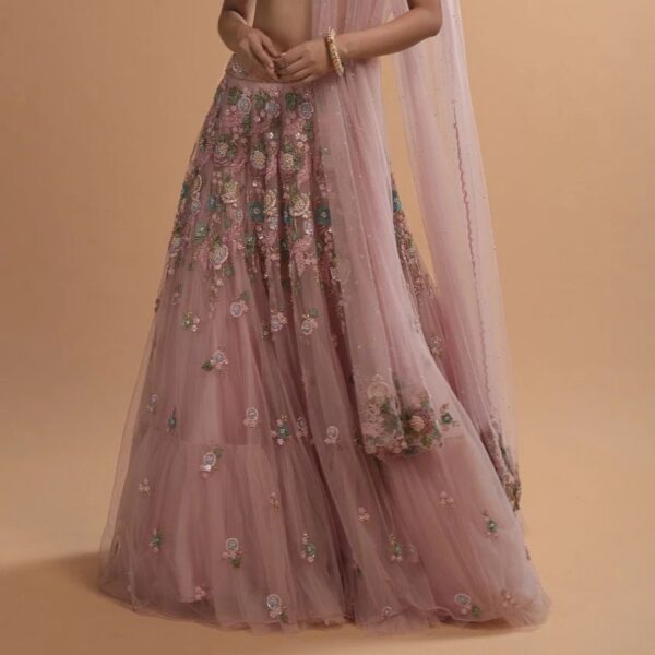 Pink Net Lehenga With 3D Flower Cluster And Scattered Buttis