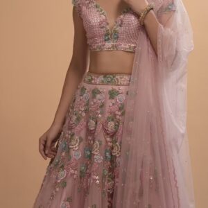 Pink Net Lehenga With 3D Flower Cluster And Scattered Buttis