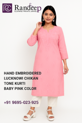 Hand Embroidered Lucknowi Chikan Tone Kurti Baby Pink Color