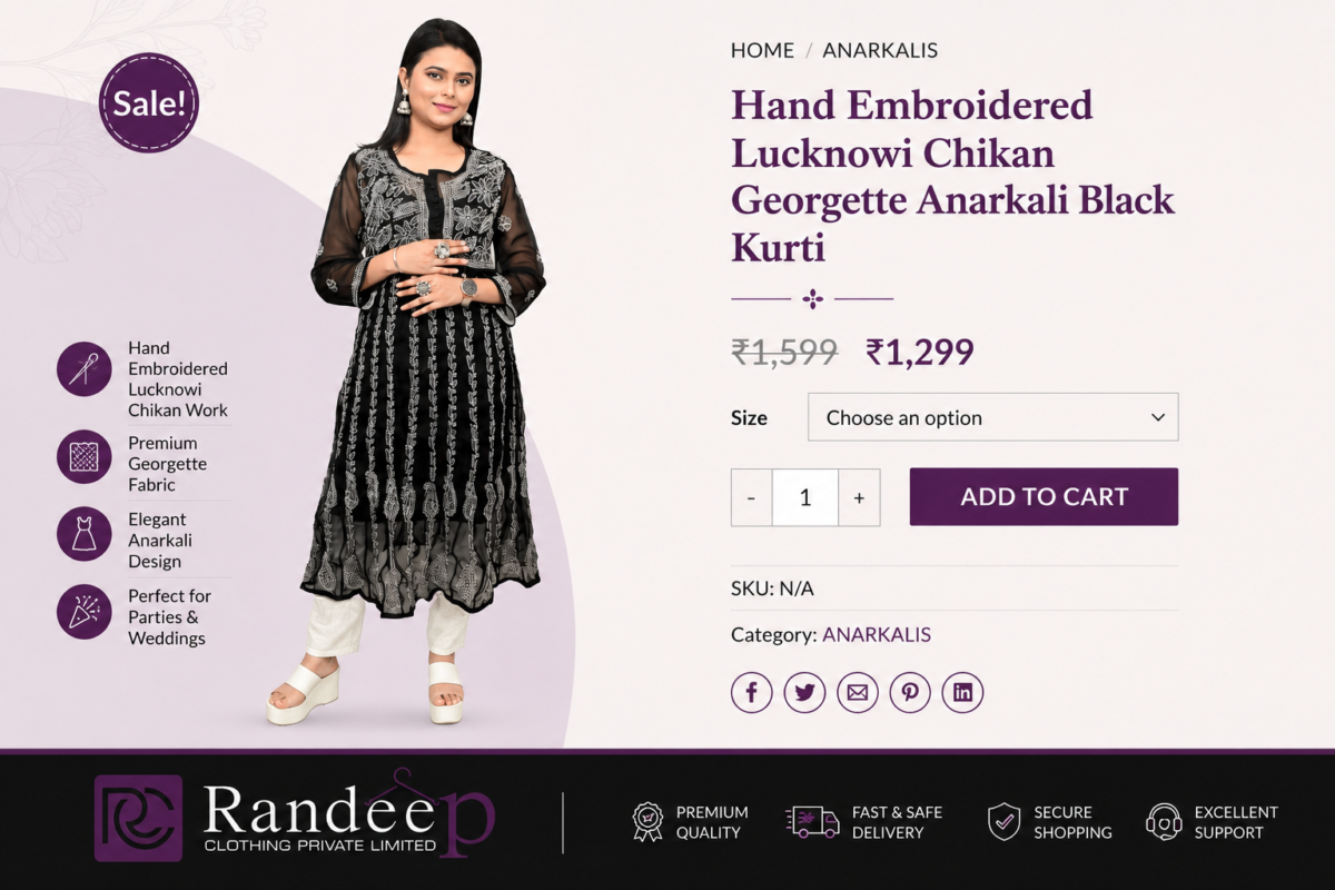 Hand Embroidered Lucknowi Chikan Georgette Anarkali Black Kurti