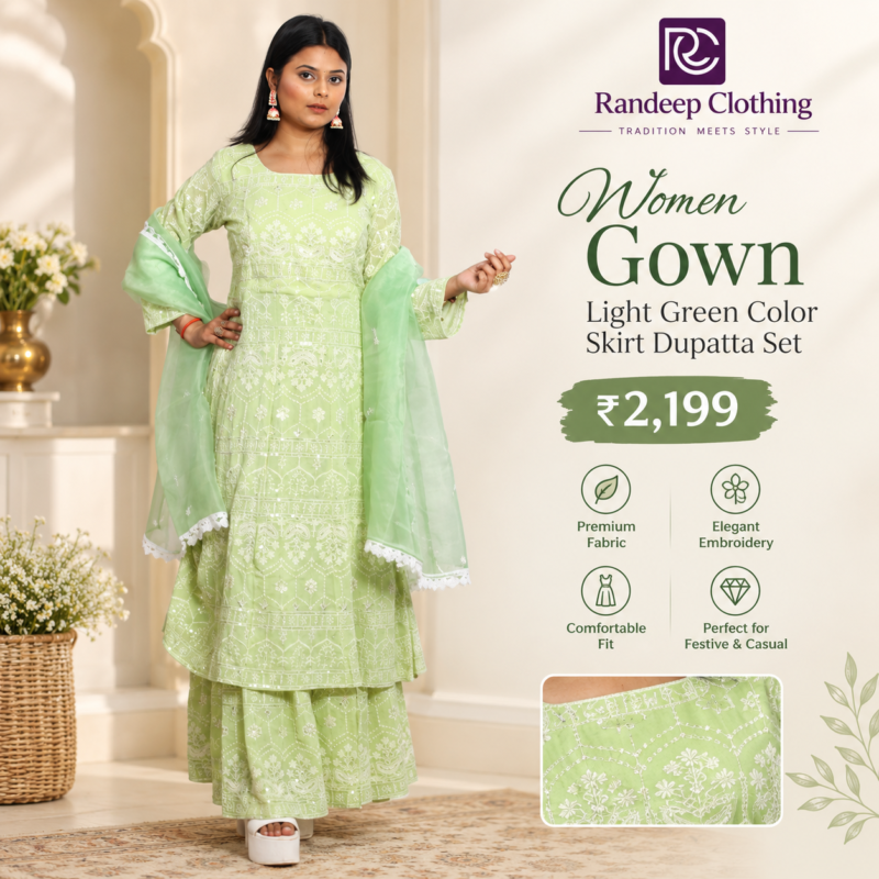 Women Gown Light Green Color Skirt Dupatta Set